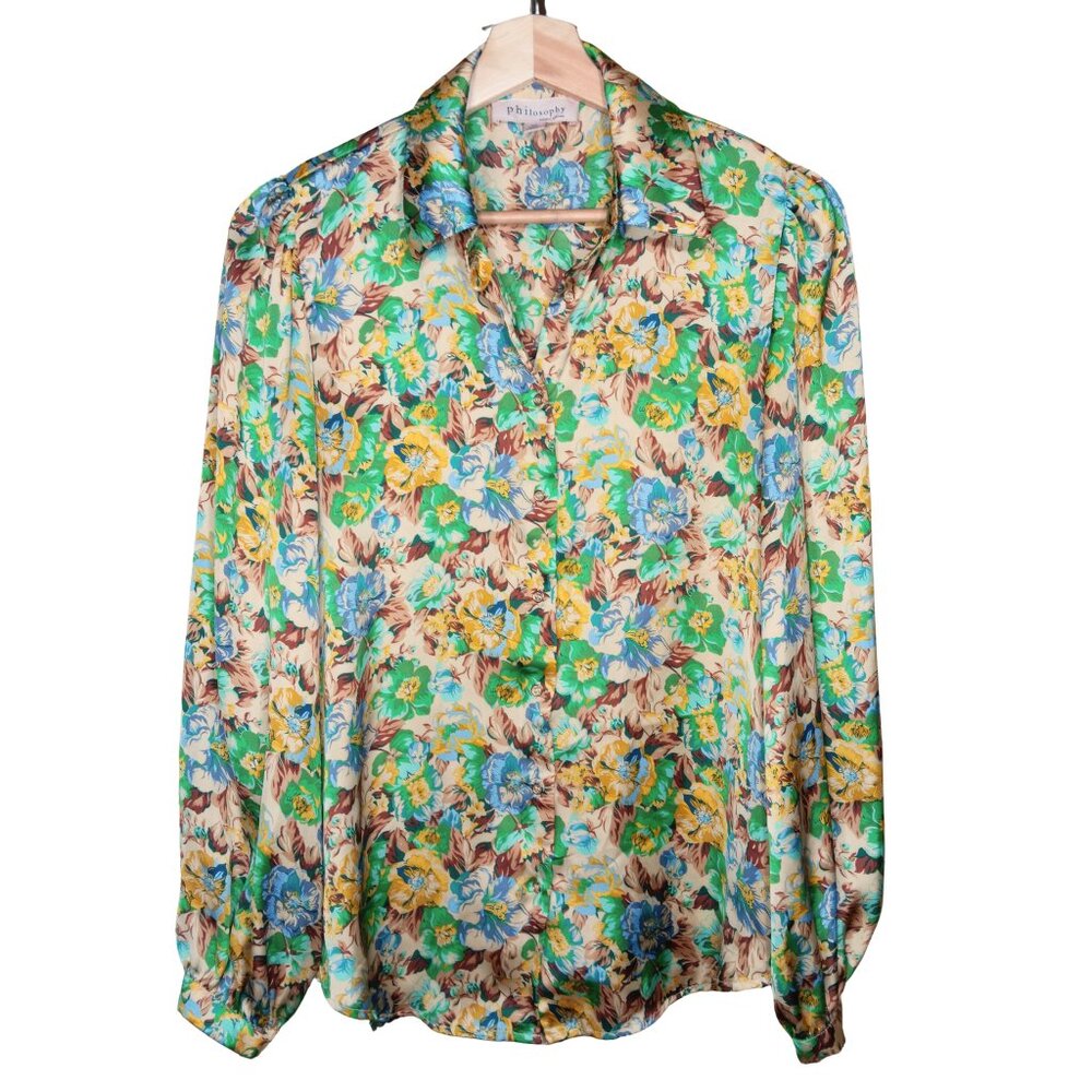 Philosophy Satin Floral Long Sleeve Button Down Blouse Small 70s Inspired Retro